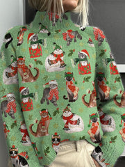 Vintage Christmas  Cat Print Knit Turtleneck Pullover Sweater