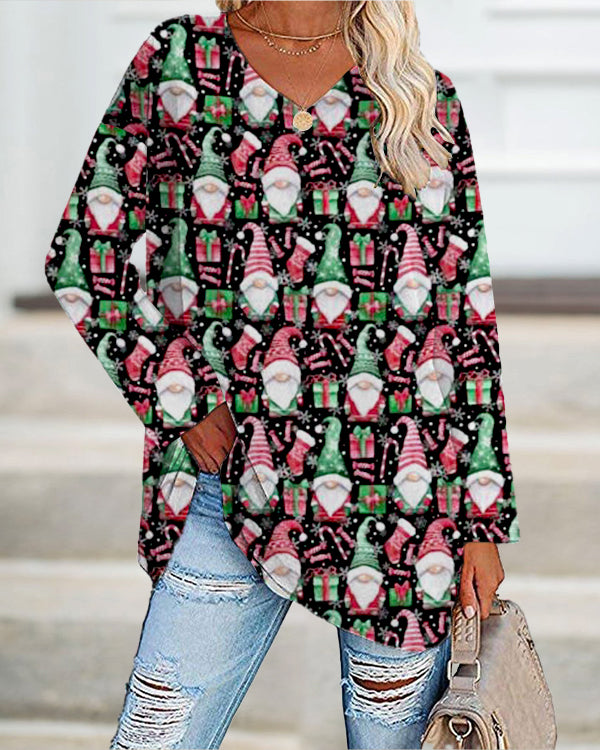 christmas Gnome Print Casual Long-Sleeve T-Shirt