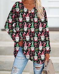 christmas Gnome Print Casual Long-Sleeve T-Shirt