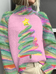 Watercolor Christmas Tree Knitted Turtleneck Sweater