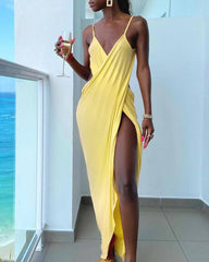 Spaghetti Strap Cross High Slit Party Dress