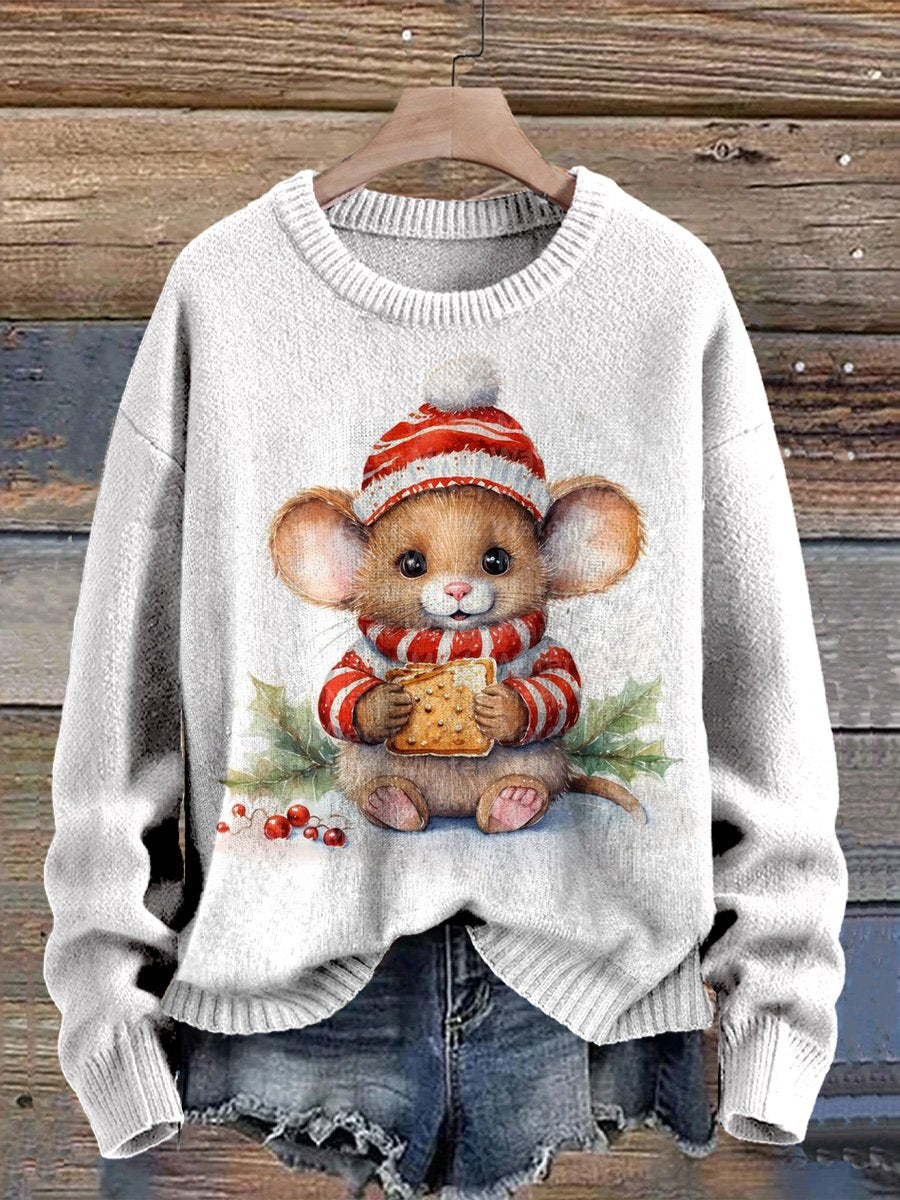 Christmas And Watercolor Mouse Graphic Printed Knit Pullover Sweater