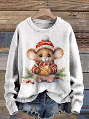 Christmas And Watercolor Mouse Graphic Printed Knit Pullover Sweater