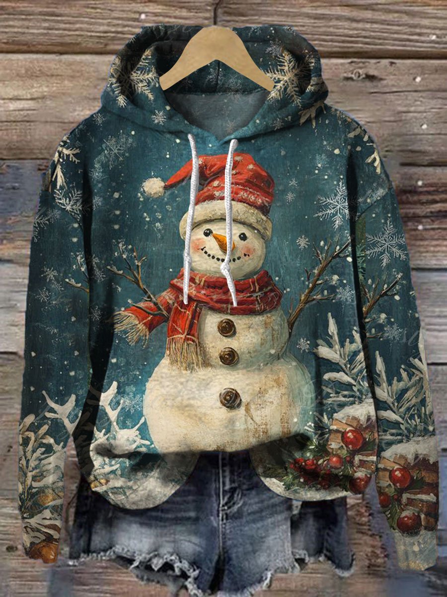 Vintage Christmas Snowman Print Casual Hoodie Sweatshirt