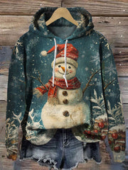Vintage Christmas Snowman Print Casual Hoodie Sweatshirt