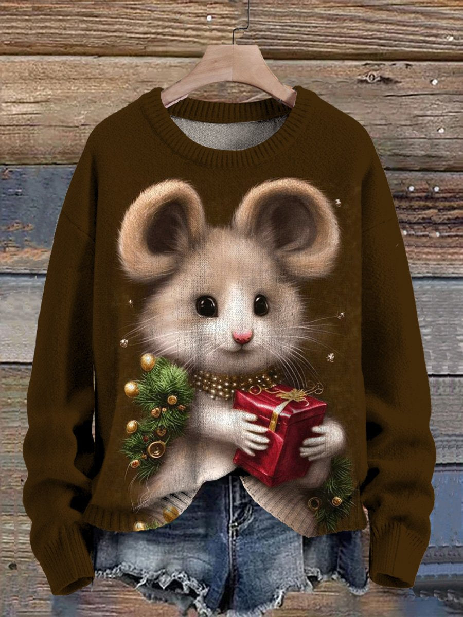 Oil Painting Mouse And Christmas Present Art Printed Knit Pullover Sweater