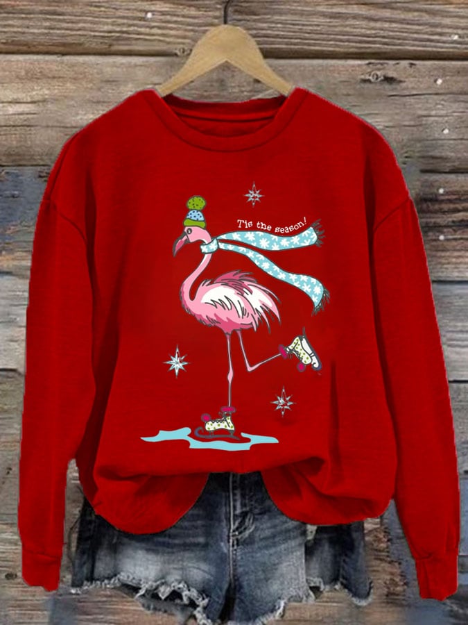 Christmas Flamingo Print Crew Neck Sweatshirt