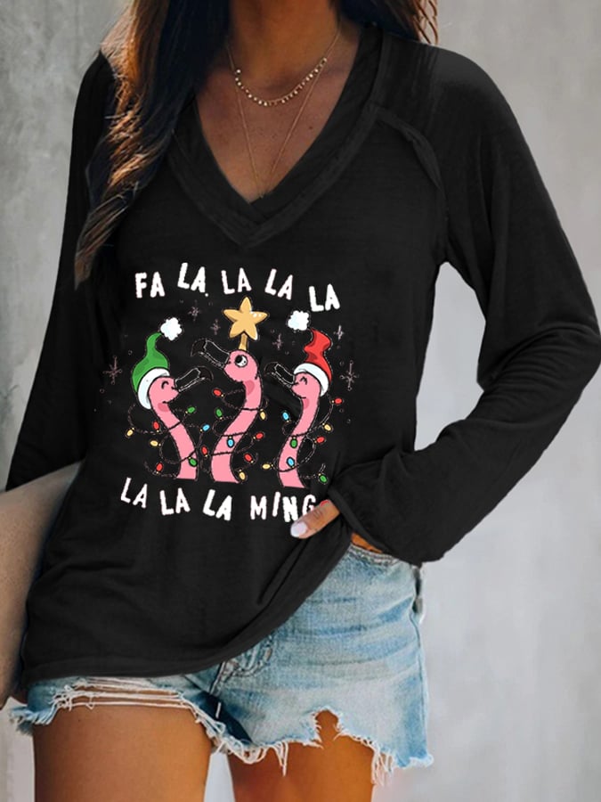 Christmas Flamingo Print Crew Neck Sweatshirt