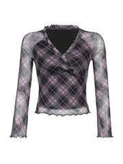 V Neck Plaid Mesh Bow Decor Long Sleeve Tee