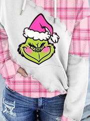 Christmas Casual Pink Plaid Printed Hoodie