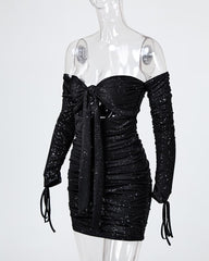 Glitter Off Shoulder Ruched Bodycon Dress