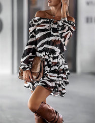 Printed Off The Shoulder Asymmetrical Lantern Sleeve Short Dresses