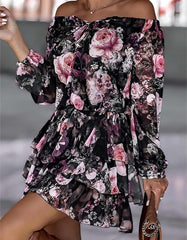 Printed Off The Shoulder Asymmetrical Lantern Sleeve Short Dresses