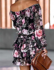 Printed Off The Shoulder Asymmetrical Lantern Sleeve Short Dresses