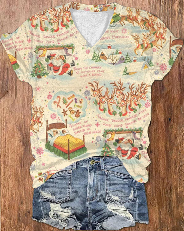 Retro Christmas Print Loose V-neck T-shirt