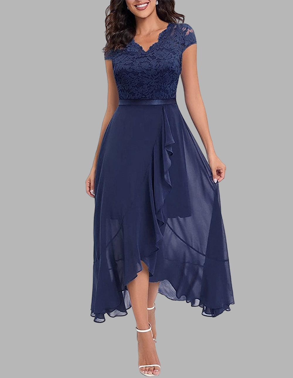 Solid-color V Neck Short Sleeve Lace High Waist Asymmetrical Long A-Line Dresses