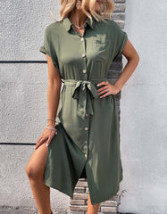 Plain Lapel Button Front Belted Pocket Slits Long Dresses