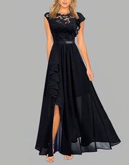 Solid-color Round Neck Lace Slits Asymmetrical Long High Waist Evening Dresses