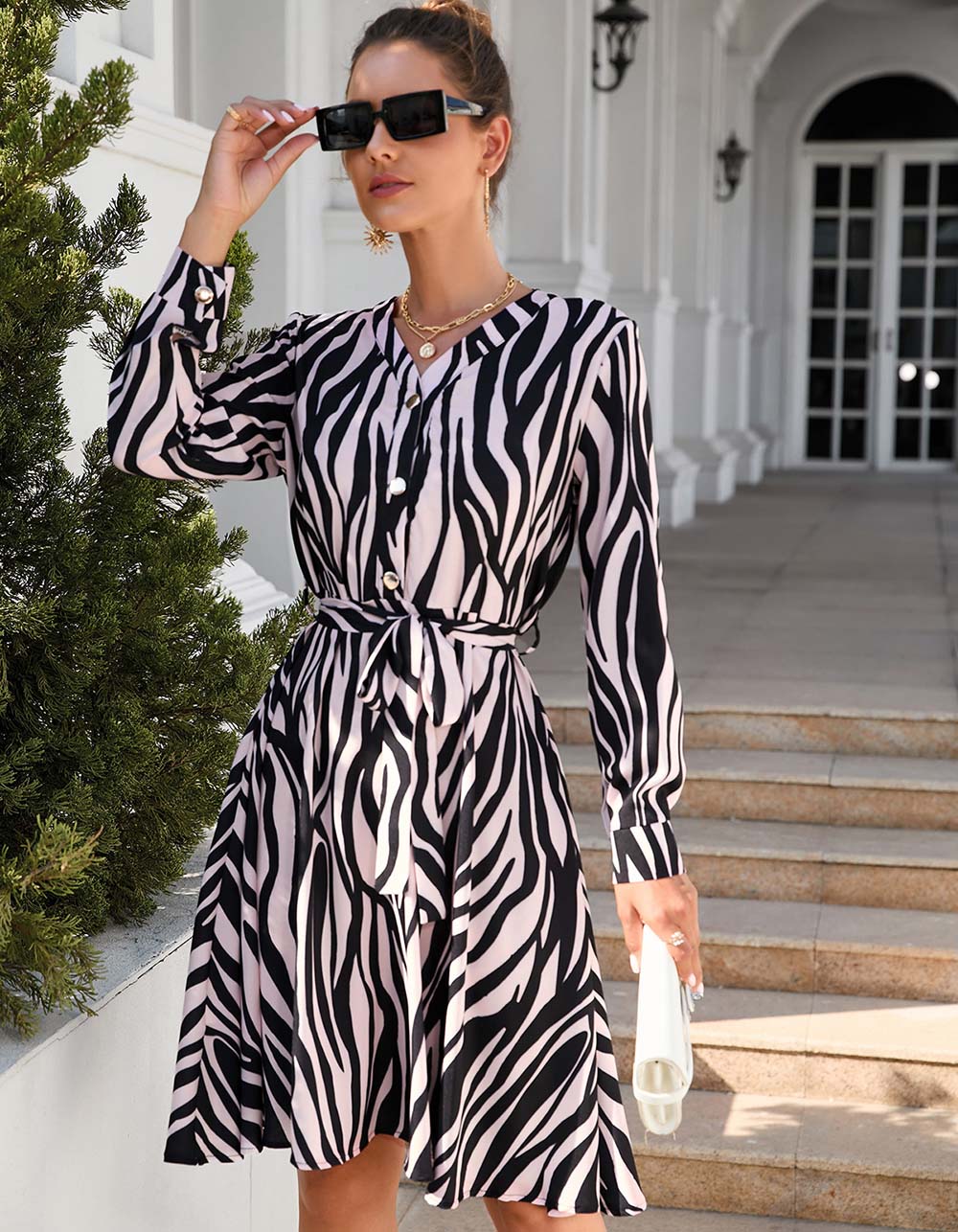 Paisley Printed V Neck Long Sleeve Ruffle Midi A-Line Dresses