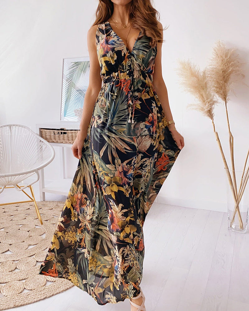 Floral Print V-Cut Back Tie Waist Maxi Dress