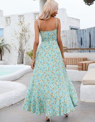 Disty Floral Strap Slits Belted Midi A-Line Dresses