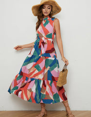 All Over Print Round Neck Belted Long A-Line Dresses
