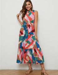 All Over Print Round Neck Belted Long A-Line Dresses