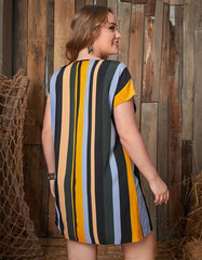 V Neck Plus Size Striped Loose Short Bat Sleeve A-Line Dresses