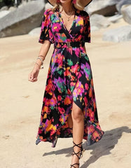 Floral Print V Neck Short Sleeve Asymmetrical Long A-Line Dresses