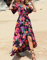 Floral Print V Neck Short Sleeve Asymmetrical Long A-Line Dresses