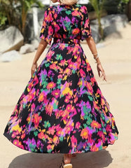 Floral Print V Neck Short Sleeve Asymmetrical Long A-Line Dresses