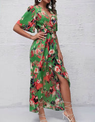 Floral Print V Neck Short Sleeve Asymmetrical Long A-Line Dresses