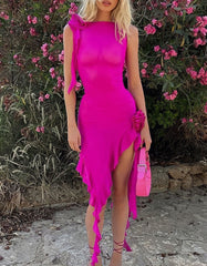 Solid-color Round Neck Sleeveless Slim Asymmetrical See-Through Backless Short A-Line Dresses