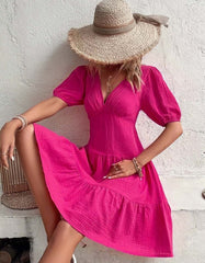 Plain Solid-color Slim Fit High Waist V-Neck Short A-Line Dresses