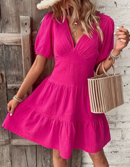 Plain Solid-color Slim Fit High Waist V-Neck Short A-Line Dresses