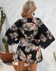 Leaf Print 1/2 Sleeve Belted Short A-Line Dresses