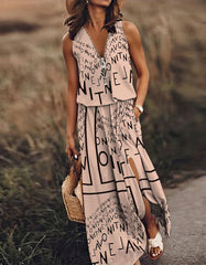 Solid-color Letter Print Sleeveless Long A-Line Dresses