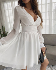 Plain Deep V Neck Long Sleeve Dress