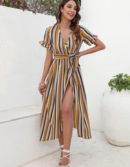 Stripe V Neck Belted Mid Waist Asymmetrical Long A Line Dresses