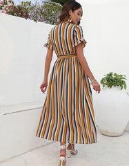 Stripe V Neck Belted Mid Waist Asymmetrical Long A Line Dresses
