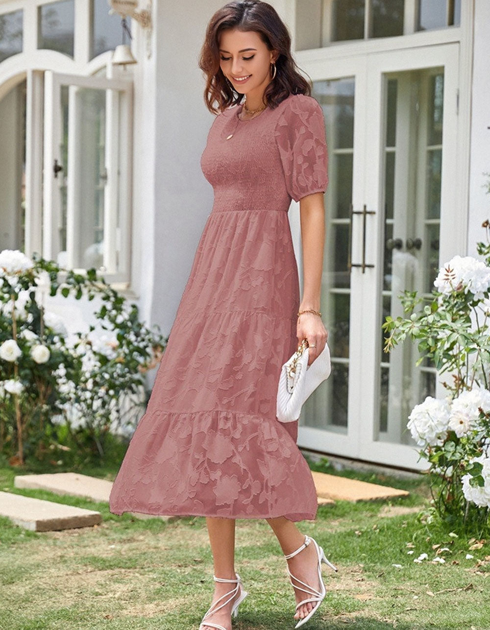 Solid-color Round Neck Pleated Bubble Sleeve Midi A-Line Dresses