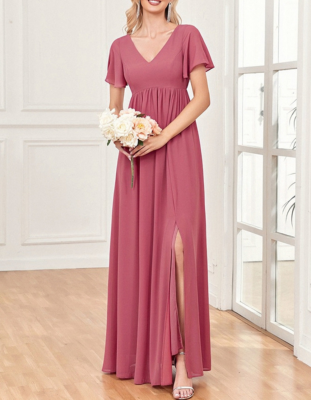 Solid-color V Neck Short Sleeve Wedding Party Bridesmaid Evening Dresses