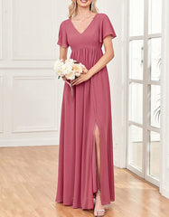Solid-color V Neck Short Sleeve Wedding Party Bridesmaid Evening Dresses