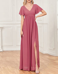 Solid-color V Neck Short Sleeve Wedding Party Bridesmaid Evening Dresses