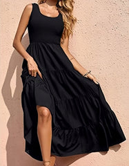 Solid-color Plain Round Neck Sleeveless Pleated Long A-Line Cami Dresses