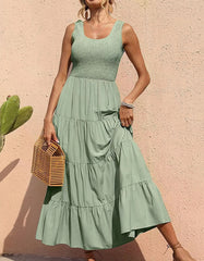 Solid-color Plain Round Neck Sleeveless Pleated Long A-Line Cami Dresses