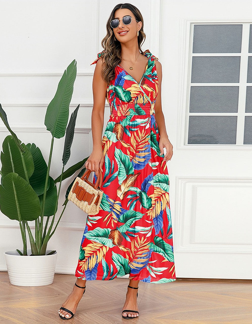 Tropical Plants Printed Strap Backless Sleeveless Long A Line Dresses