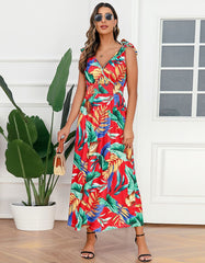 Tropical Plants Printed Strap Backless Sleeveless Long A Line Dresses