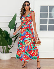 Tropical Plants Printed Strap Backless Sleeveless Long A Line Dresses