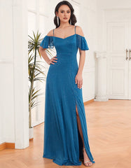 Solid-color V Neck Short Sleeve Slits Ruffle Long Party A-Line Dresses